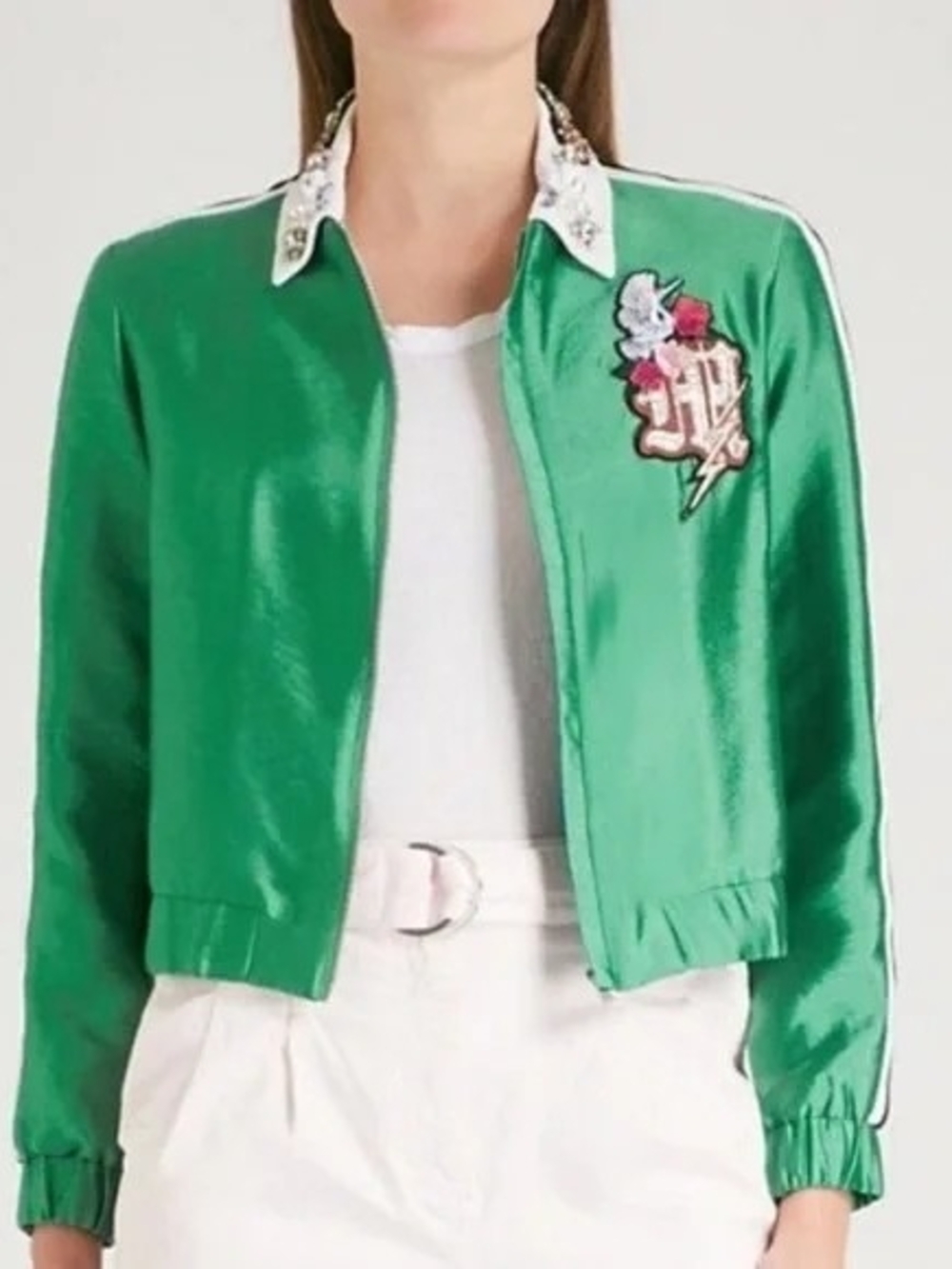 Maje Green Satin Bomber Jacket with Embroidered Crest